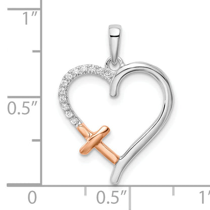 14K Two Tone White And Rose Heart Cross Diamond Pendant