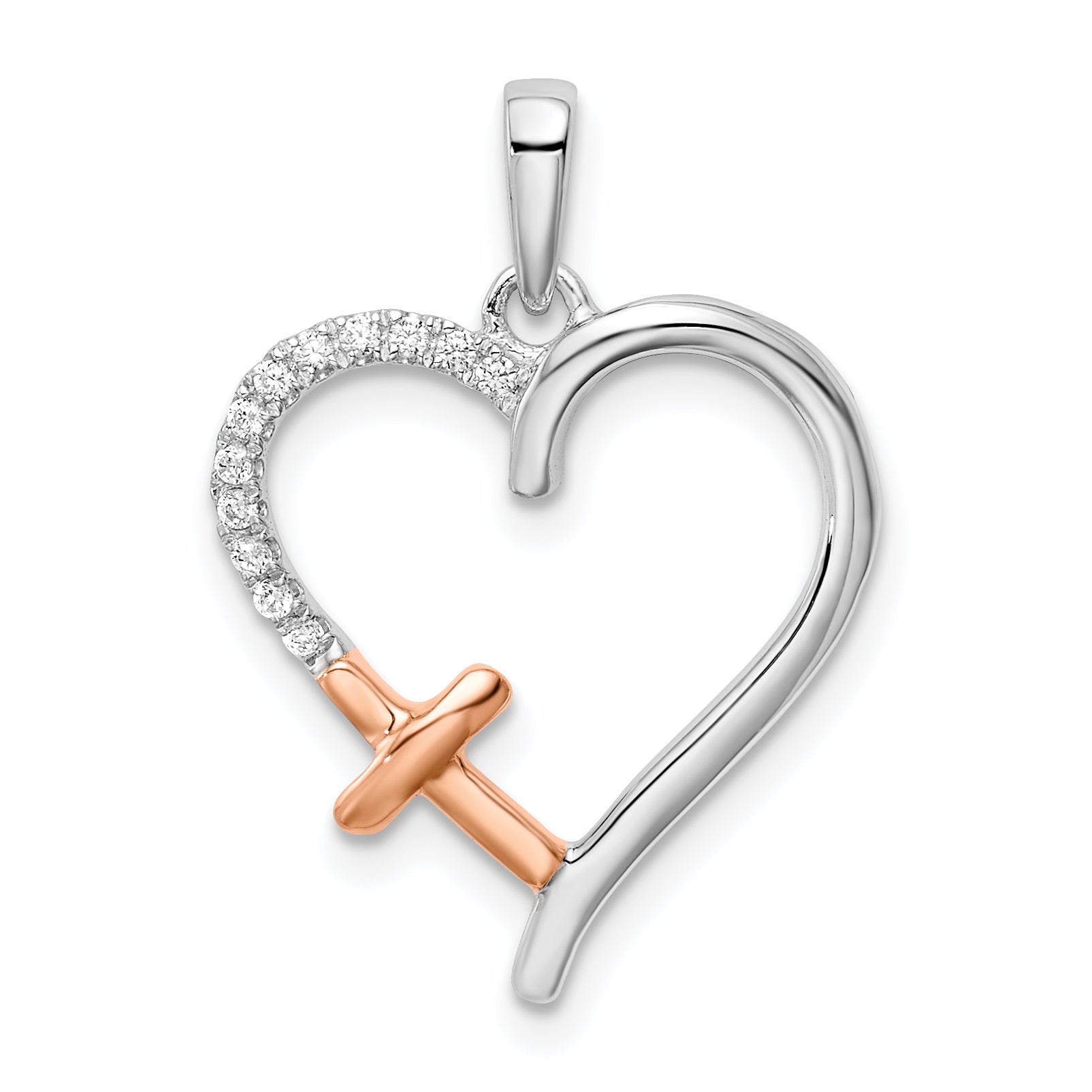 14K Two Tone White And Rose Heart Cross Diamond Pendant