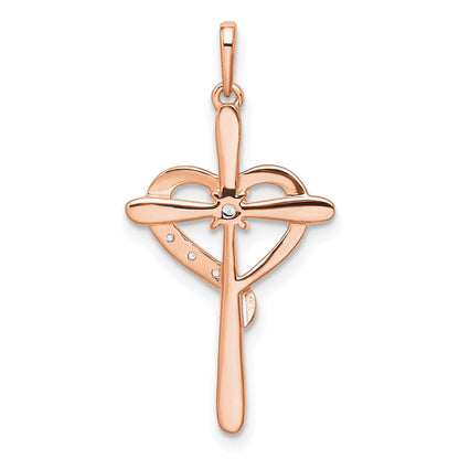 10K Rose Gold 10K Cross W/Heart Diamond Pendant