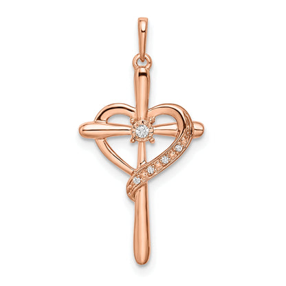 10K Rose Gold 10K Cross W/Heart Diamond Pendant