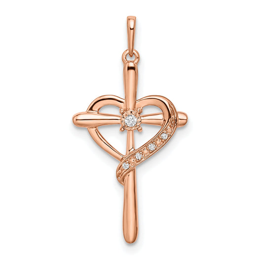 10K Rose Gold 10K Cross W/Heart Diamond Pendant