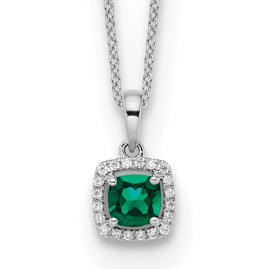 14k White Gold 1/10 Ct. Lab Grown Diamond VS/SI+ G+ and Created Emerald 18 inch Pendant Necklace