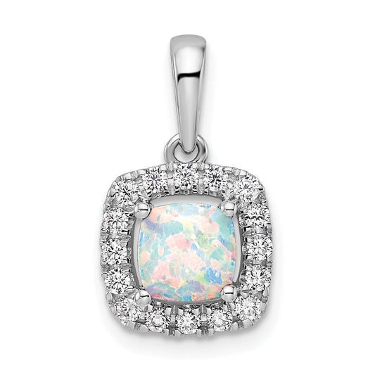 14k White Gold 1/4 Ct. Lab Grown Diamond VS/SI+ G+ October Birthstone Lab Created Opal Halo Pendant