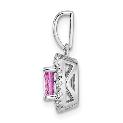 14k White Gold 1/4 Ct. Lab Grown Diamond VS/SI+ G+ October Birthstone Lab Created Pink Sapphire Halo Pendant