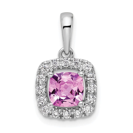 14k White Gold 1/4 Ct. Lab Grown Diamond VS/SI+ G+ October Birthstone Lab Created Pink Sapphire Halo Pendant