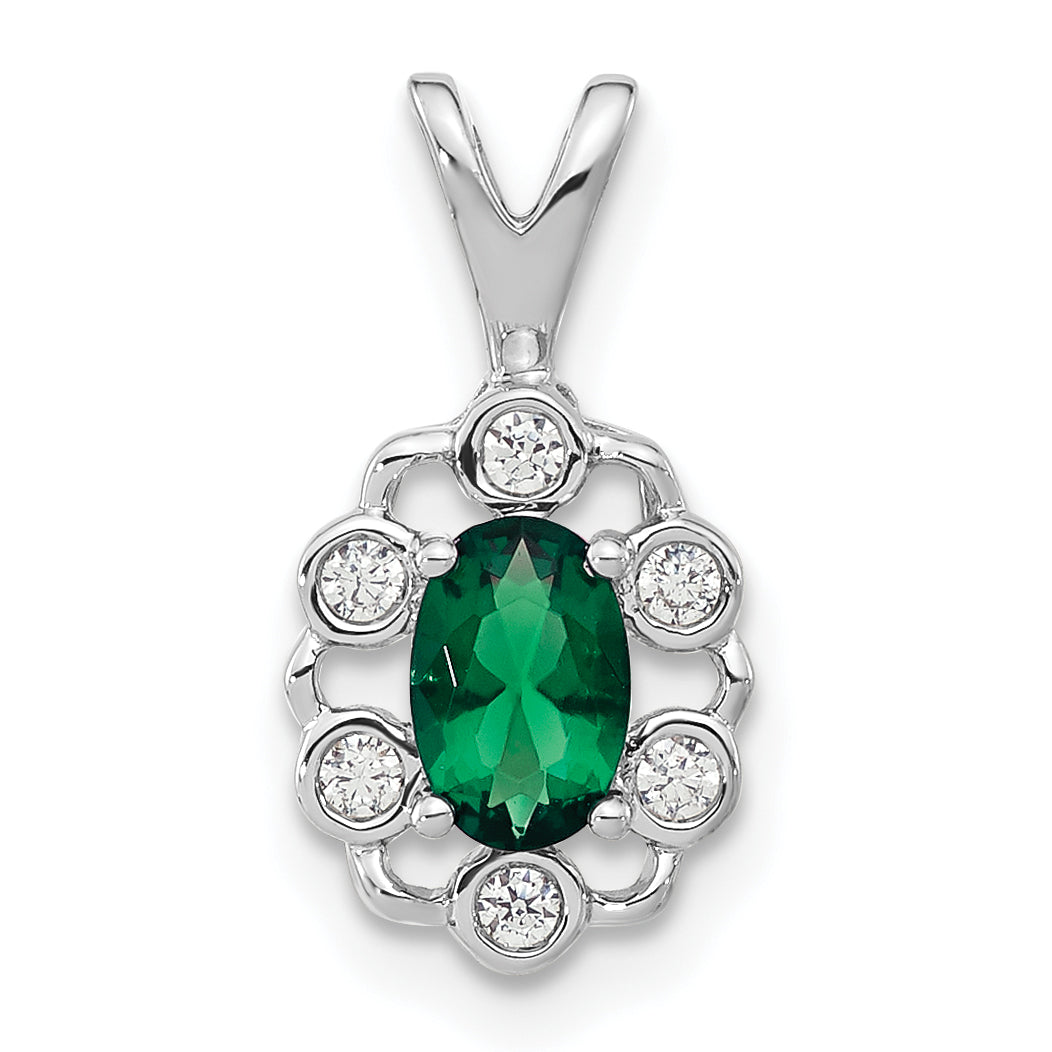 14k White Gold 1/10 Ct. Lab Grown Diamond VS/SI+ G+ and Lab Created Emerald Pendant