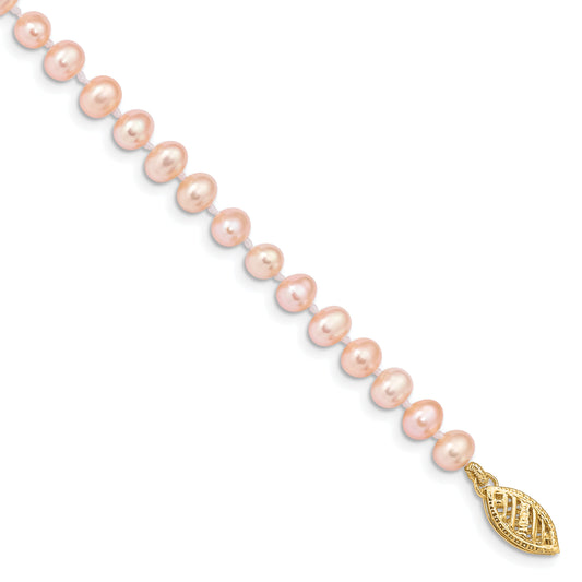 7.5 Inch 14K 4-5mm Pink Near Round Freshwater Cultured Pearl Bracelet
