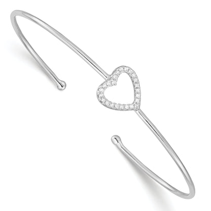 Sterling Silver Rhodium-Plated Cz Heart Cuff Bangle Bracelet
