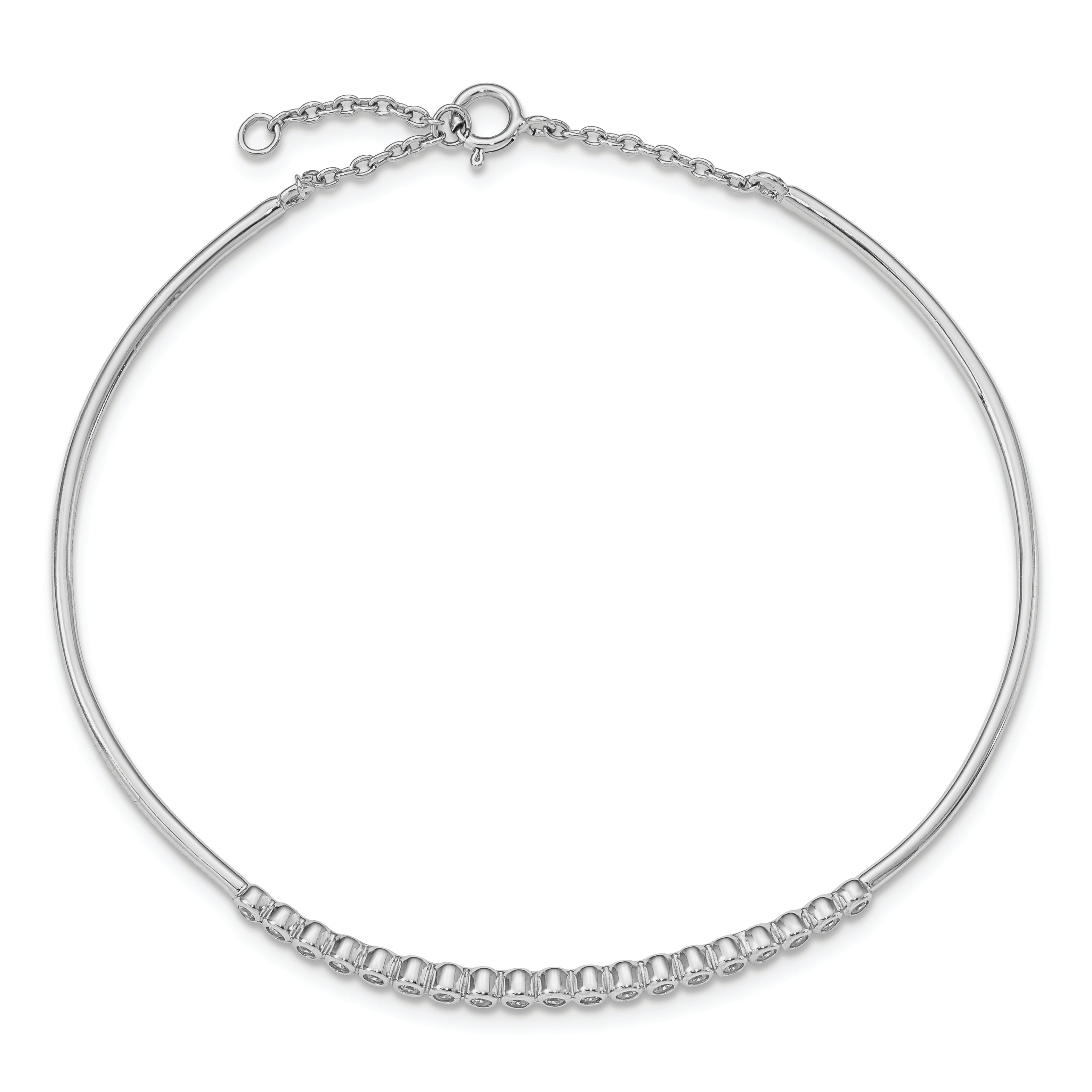 Sterling Silver Rhodium Plated Children'S Cz Bangle With Safety Chain