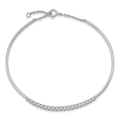 Sterling Silver Rhodium Plated Children'S Cz Bangle With Safety Chain