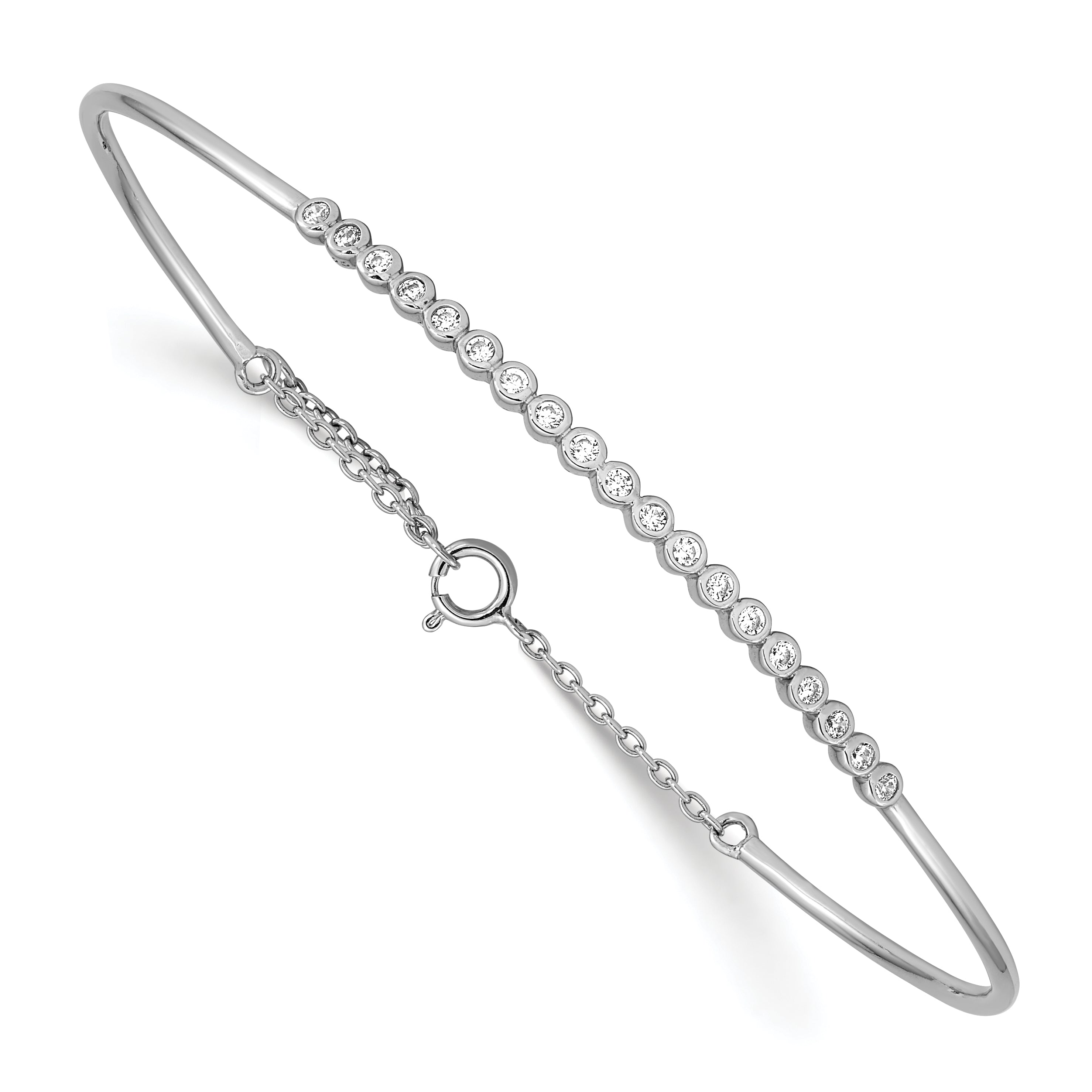 Sterling Silver Rhodium Plated Children'S Cz Bangle With Safety Chain