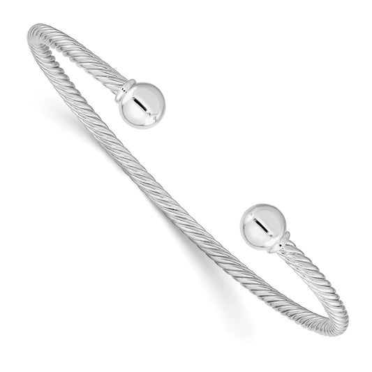 Sterling Silver Rhod-Plated Twisted W/1 Thread Ball Cuff Bangle