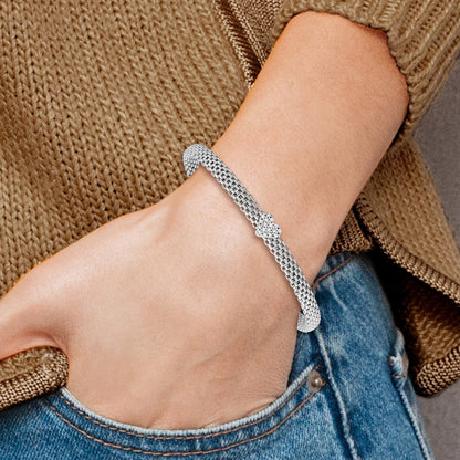 Sterling Silver Rhodium-Plated Polished Cz Heart Mesh Cuff Bangle