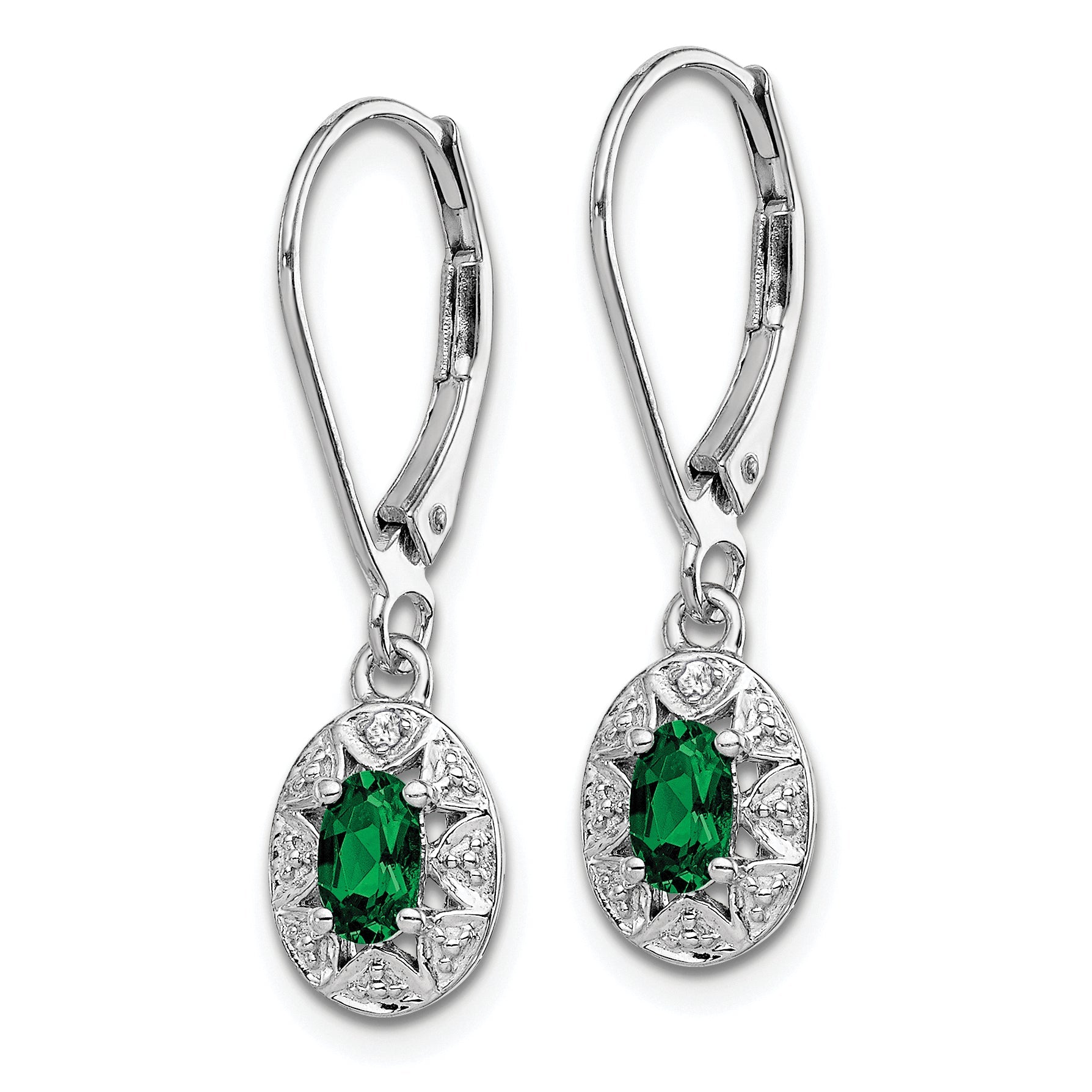 Sterling Silver Rhodium-Plated Diamond/Lab Created Emerald Earrings