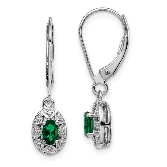 Sterling Silver Rhodium-Plated Diamond/Lab Created Emerald Earrings