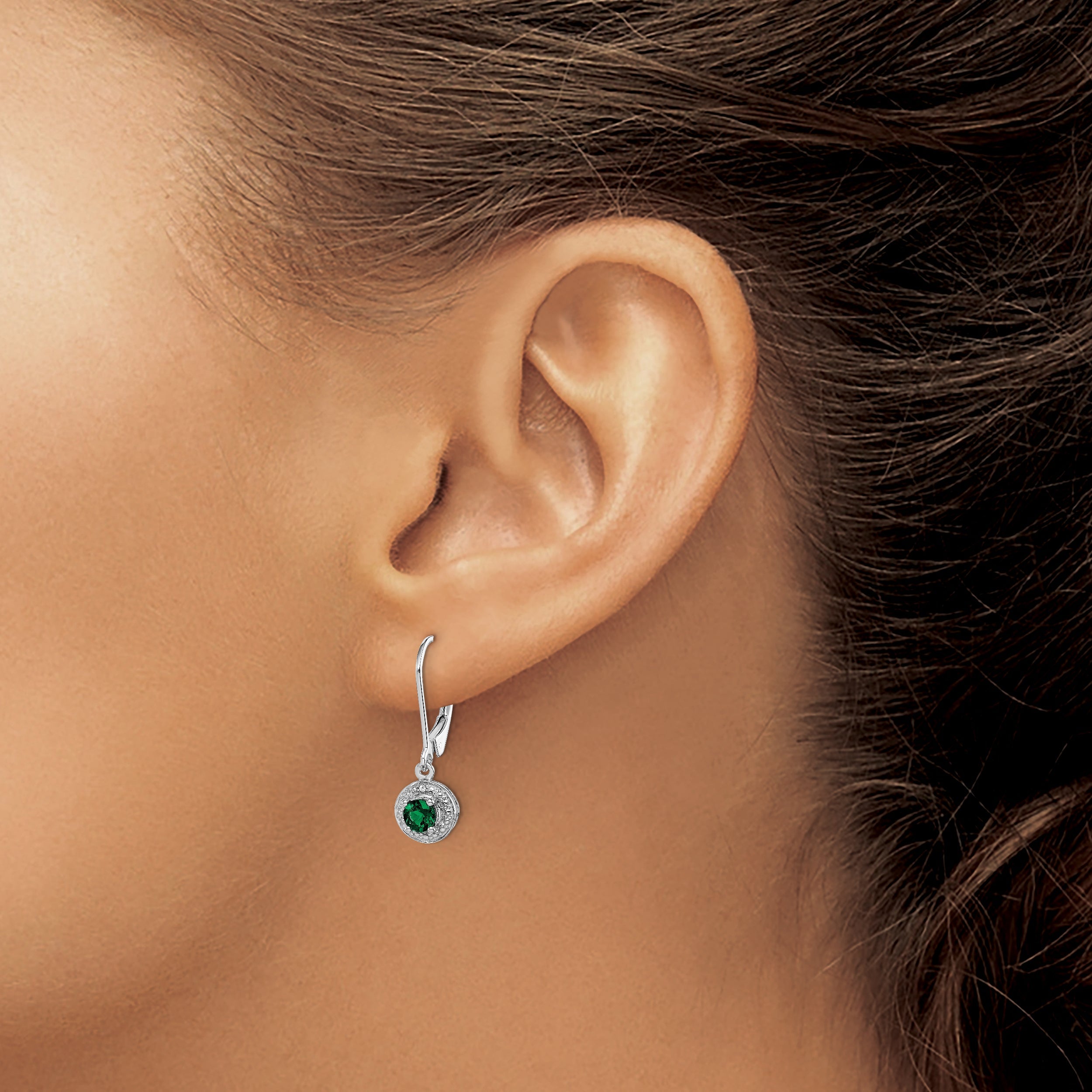 Sterling Silver Rhodium-Plated Diam. & Created Emerald Earrings