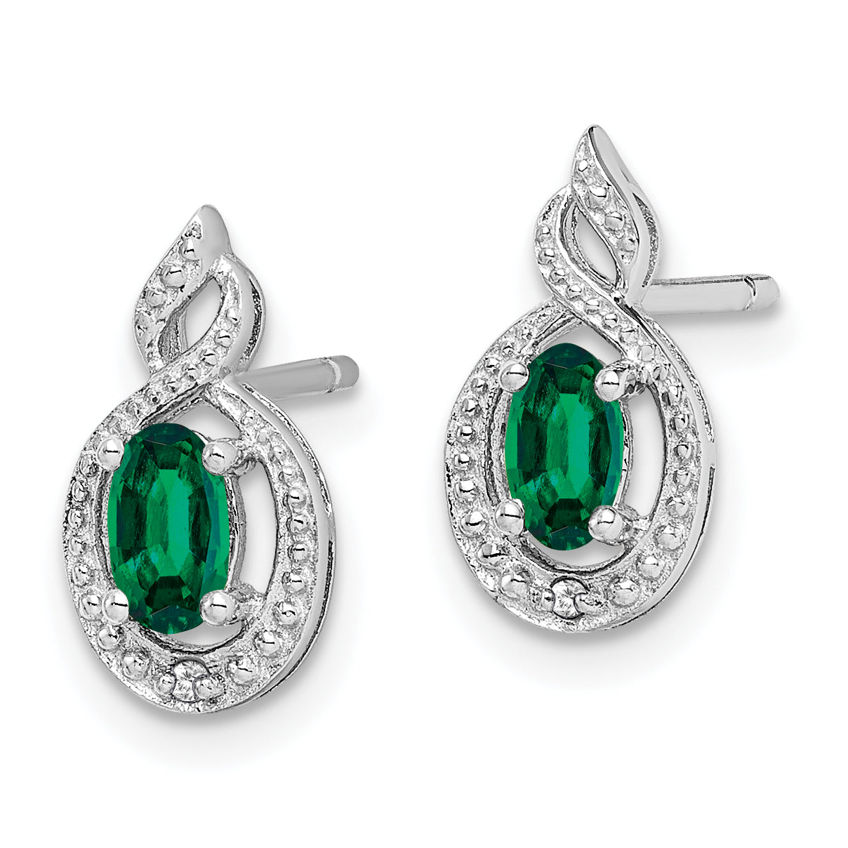 Sterling Silver Rhodium-Plated Created Emerald & Diam. Earrings