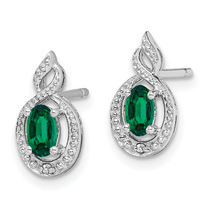 Sterling Silver Rhodium-Plated Created Emerald & Diam. Earrings