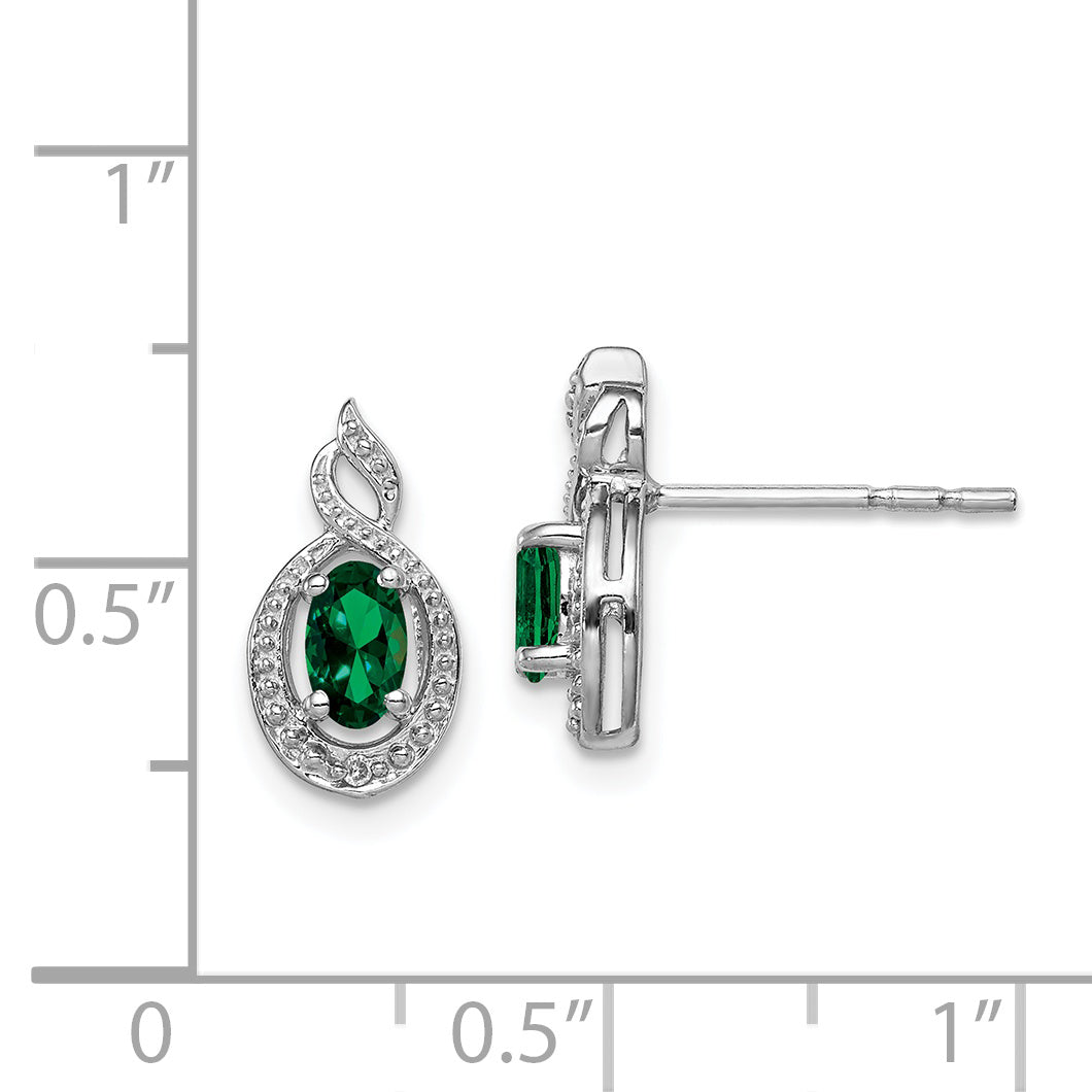 Sterling Silver Rhodium-Plated Created Emerald & Diam. Earrings