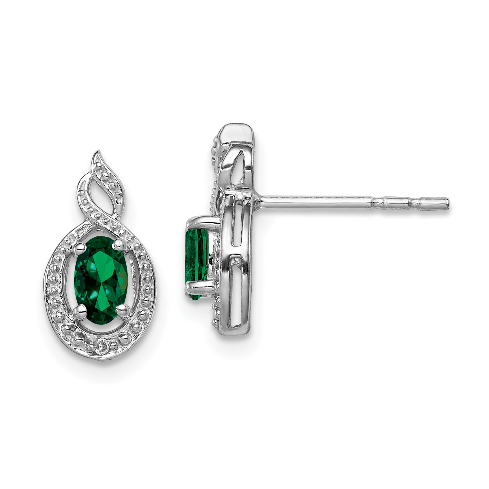 Sterling Silver Rhodium-Plated Created Emerald & Diam. Earrings
