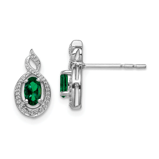 Sterling Silver Rhodium-Plated Created Emerald & Diam. Earrings