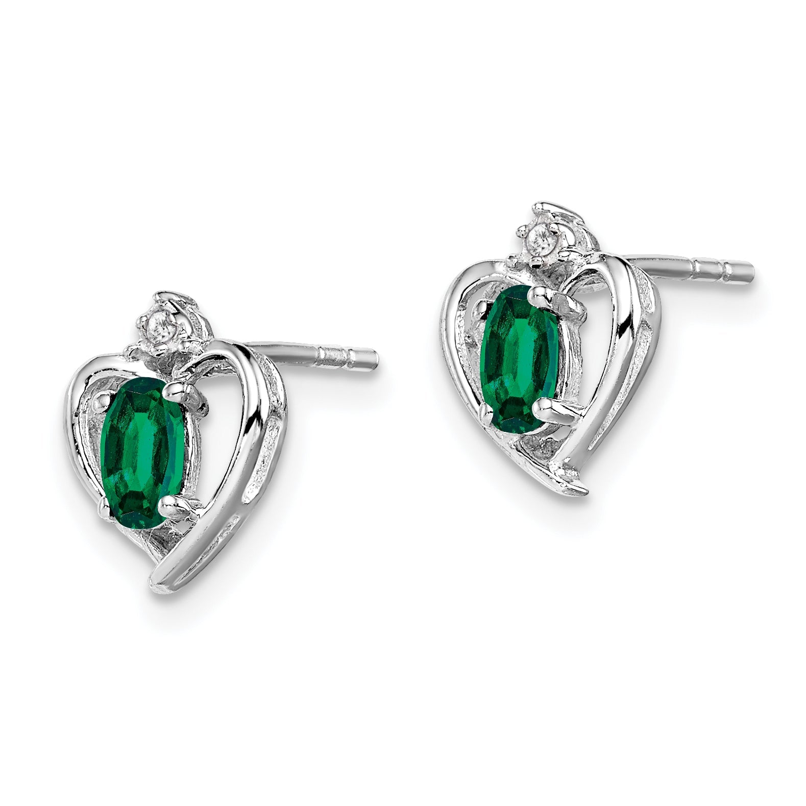 Sterling Silver Rhodium-Plated Created Emerald & Diam. Earrings