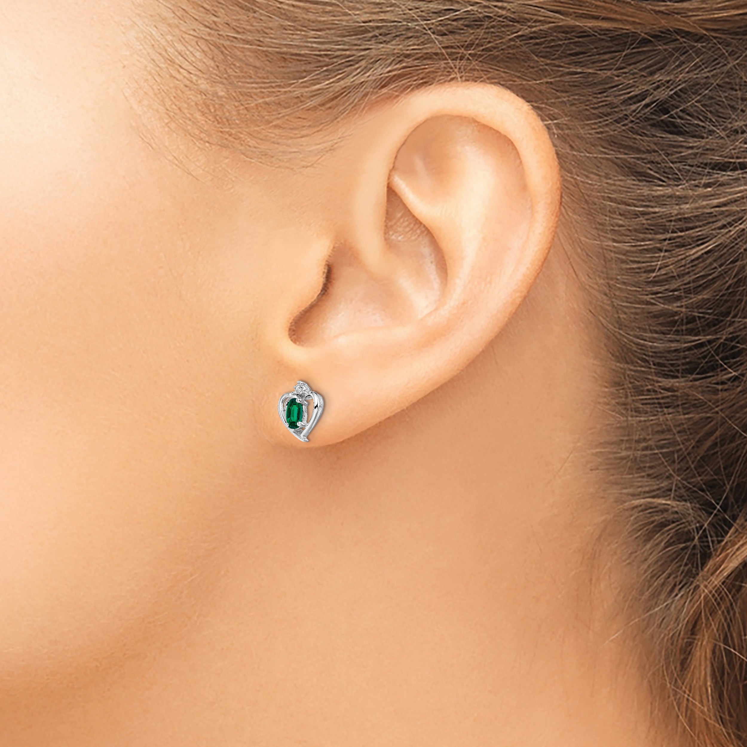 Sterling Silver Rhodium-Plated Created Emerald & Diam. Earrings