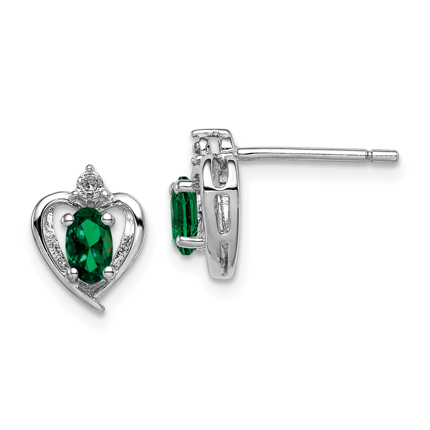 Sterling Silver Rhodium-Plated Created Emerald & Diam. Earrings