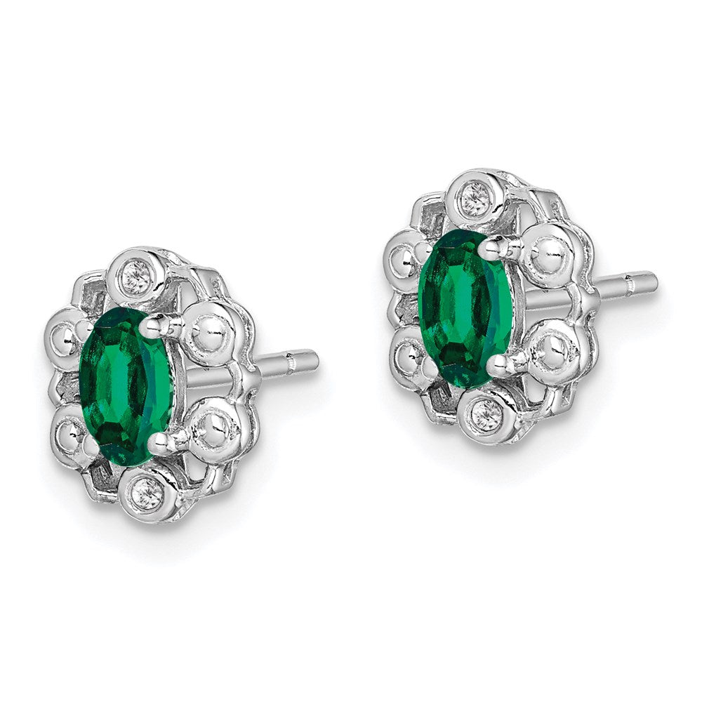 Sterling Silver Rhodium-Plated Created Emerald & Diam. Earrings