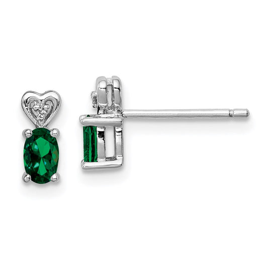 Sterling Silver Rhodium-Plated Created Emerald & Diam. Earrings