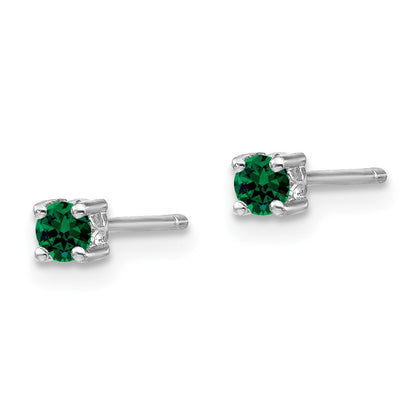 Sterling Silver Rhod-Plated 3mm Round Created Emerald Post Earrings