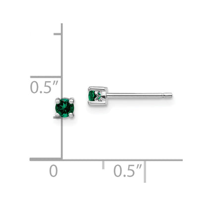 Sterling Silver Rhod-Plated 3mm Round Created Emerald Post Earrings