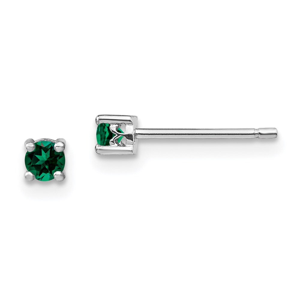Sterling Silver Rhod-Plated 3mm Round Created Emerald Post Earrings
