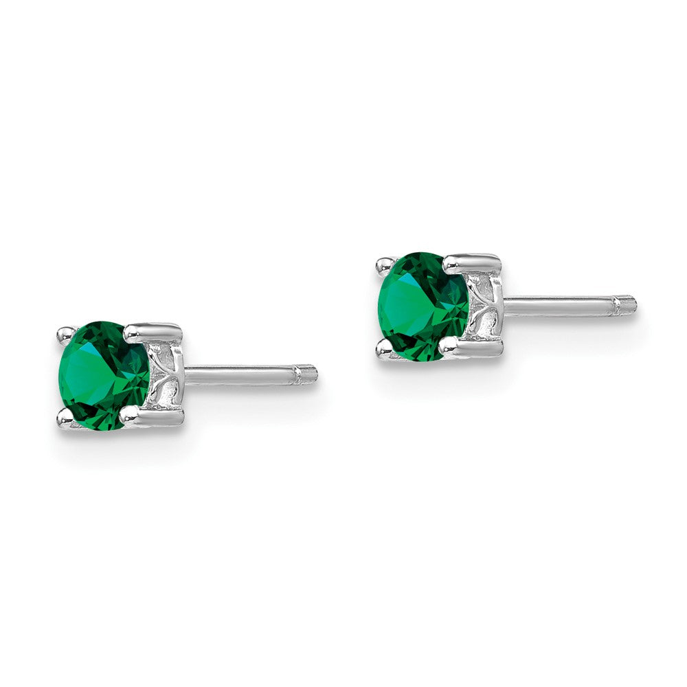 Sterling Silver Rhodium-Plated 4mm Round Created Emerald Post Earrings