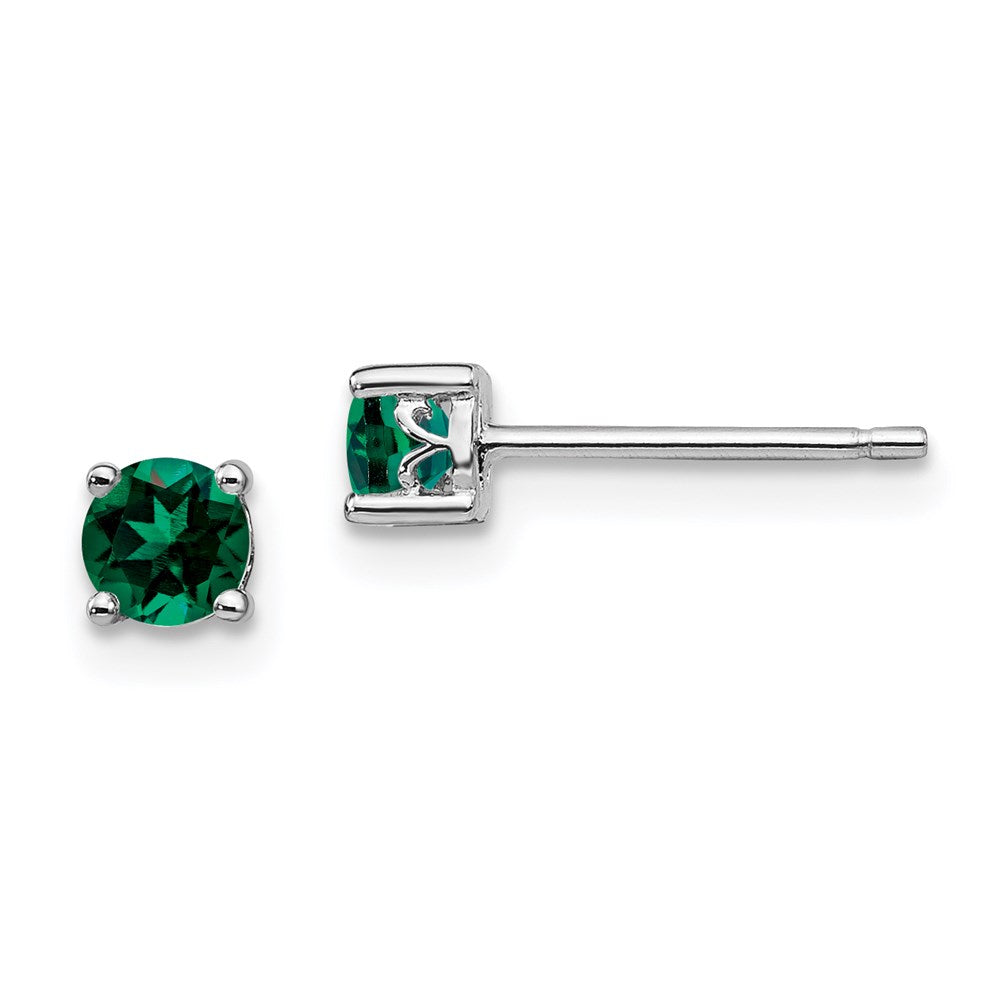 Sterling Silver Rhodium-Plated 4mm Round Created Emerald Post Earrings