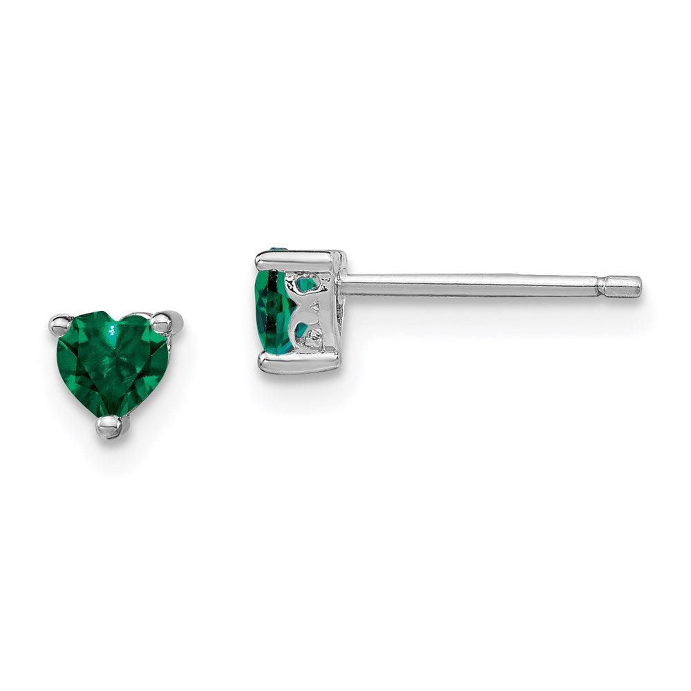 Sterling Silver Rhod-Plated 4mm Heart Created Emerald Post Earrings