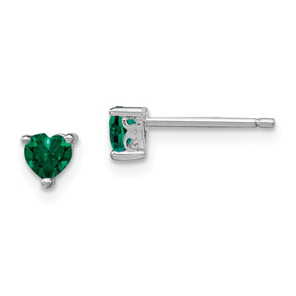 Sterling Silver Rhod-Plated 4mm Heart Created Emerald Post Earrings