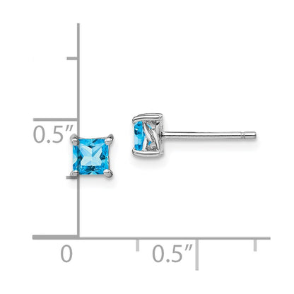 Sterling Silver Rhod-Pltd 4mm Princess Swiss Blue Topaz Post Earrings