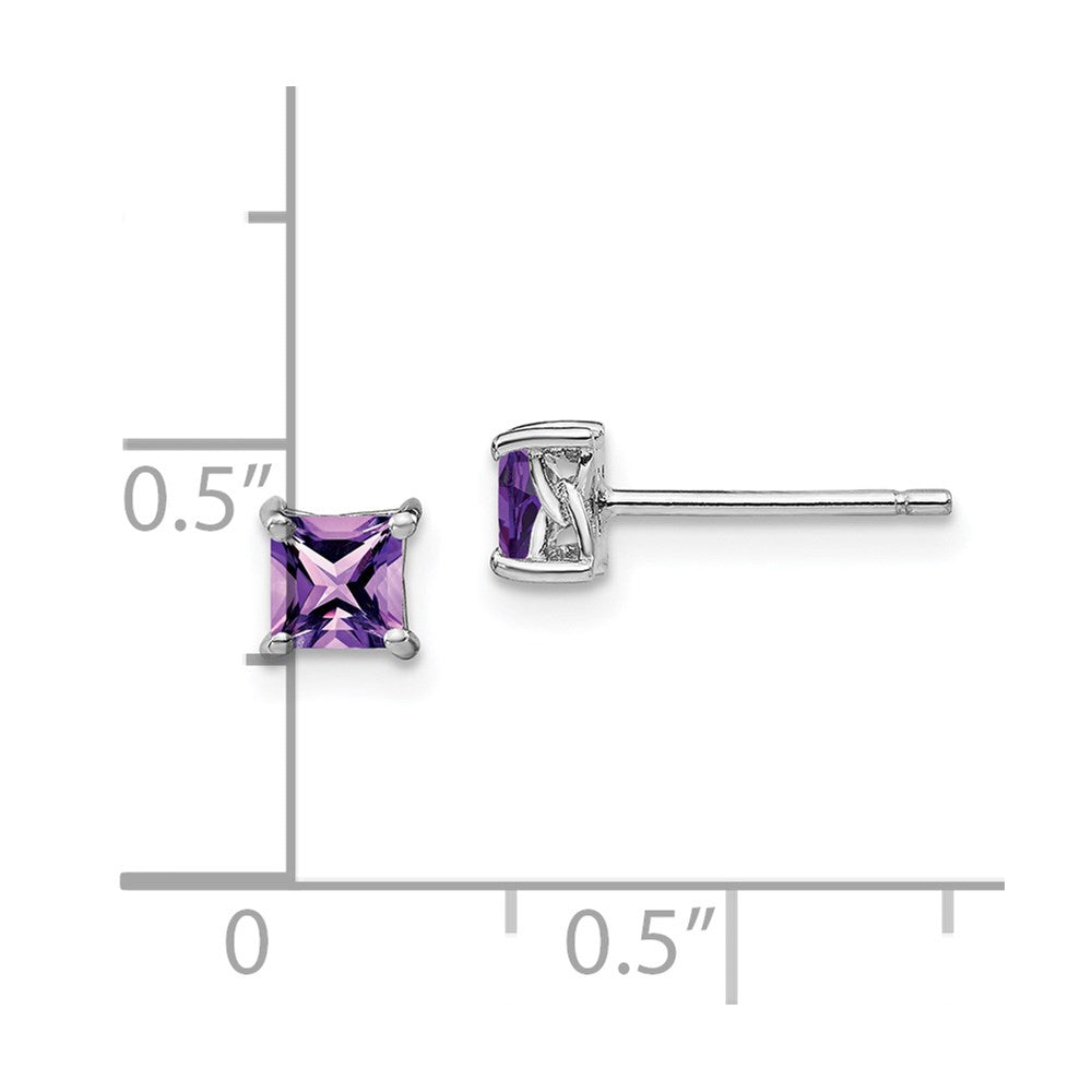 Sterling Silver Rhodium-Plated 4mm Princess Amethyst Post Earrings