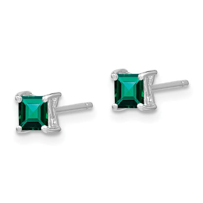 Sterling Silver Rhod-Pltd 4mm Princess Created Emerald Post Earrings