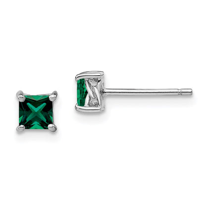 Sterling Silver Rhod-Pltd 4mm Princess Created Emerald Post Earrings