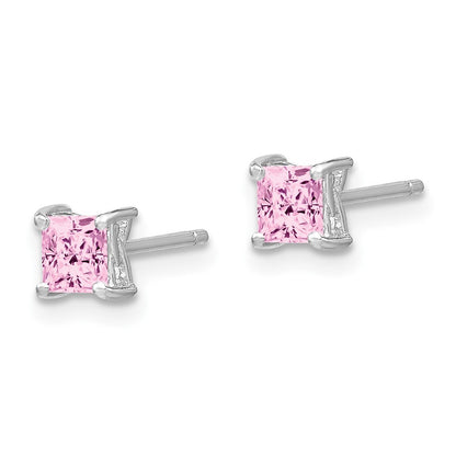 Sterling Silver Rhod-Pltd 4mm Princess Cr. Pink Sapphire Post Earrings