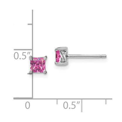 Sterling Silver Rhod-Pltd 4mm Princess Cr. Pink Sapphire Post Earrings