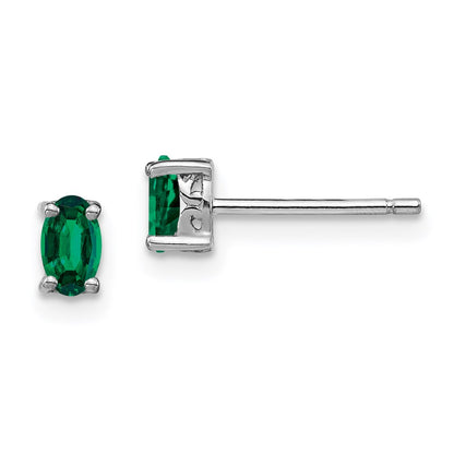 Sterling Silver Rhodium-Plated 5X3mm Oval Created Emerald Post Earrings