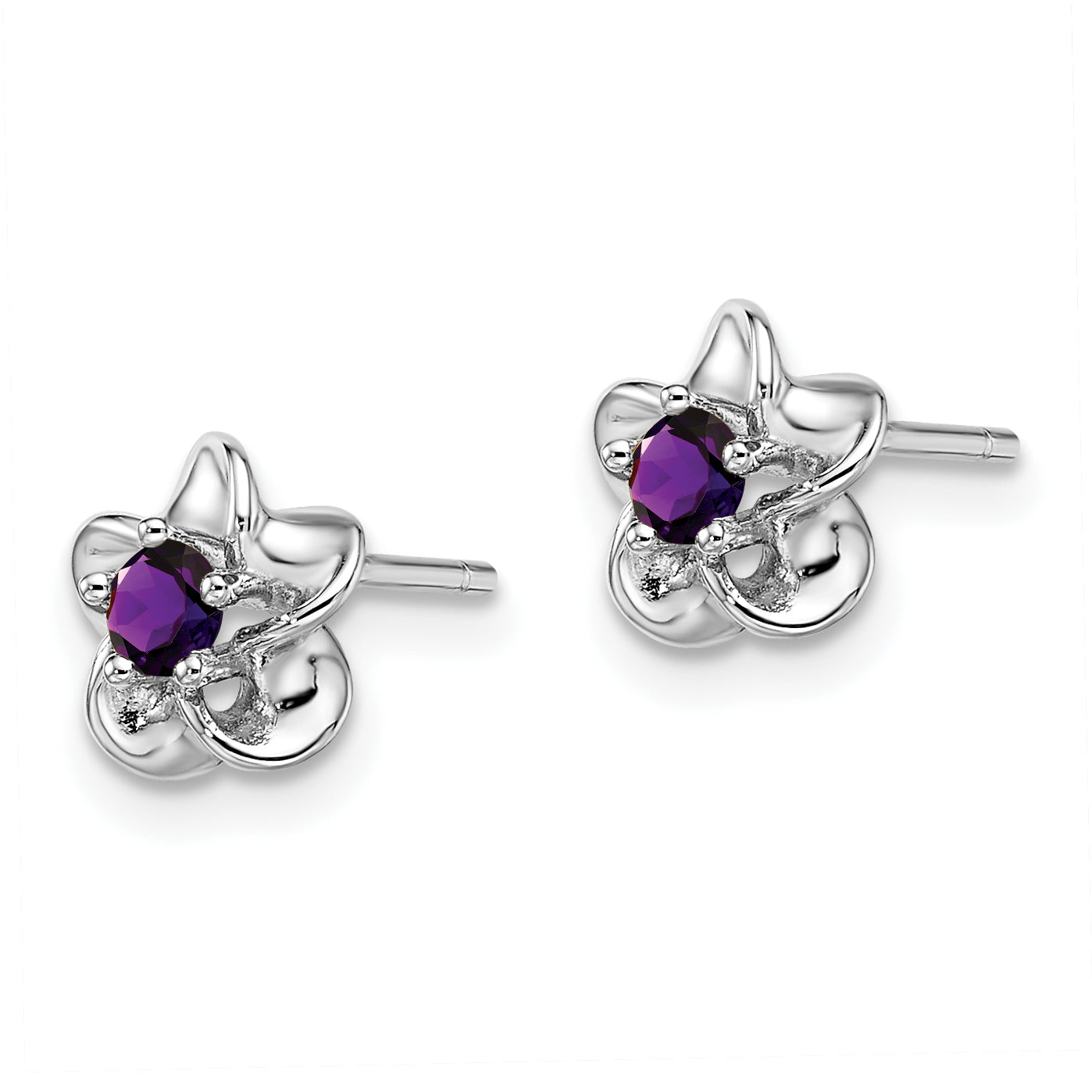 Sterling Silver Rhodium-Plated Floral Amethyst Post Earrings