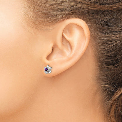 Sterling Silver Rhodium-Plated Floral Amethyst Post Earrings