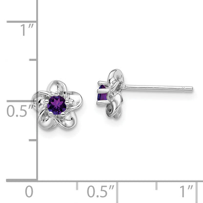 Sterling Silver Rhodium-Plated Floral Amethyst Post Earrings