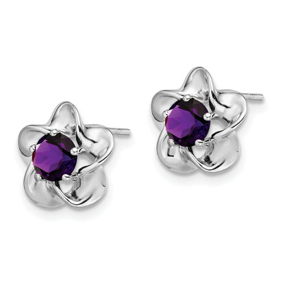 Sterling Silver Rhodium-Plated Floral Amethyst Post Earrings
