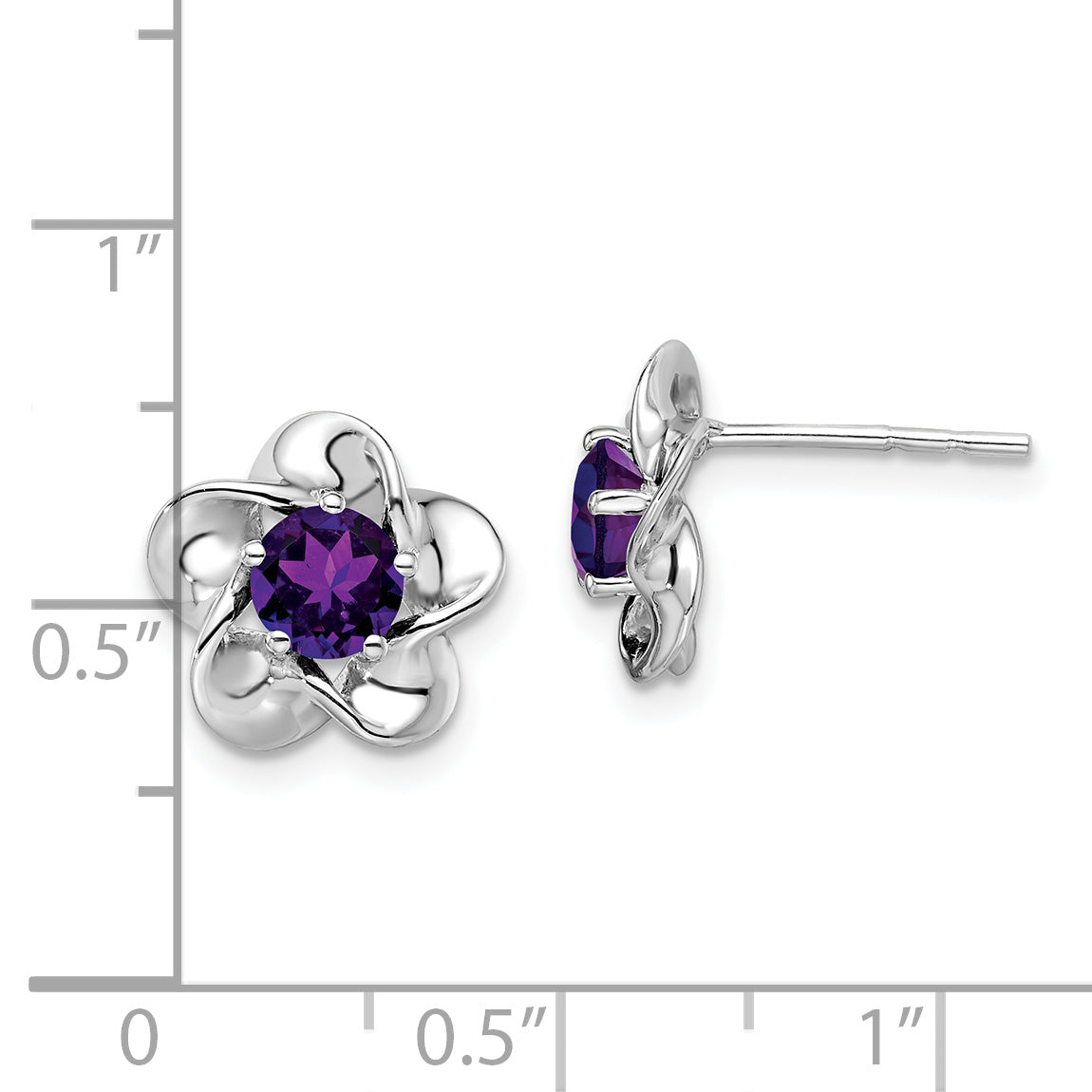 Sterling Silver Rhodium-Plated Floral Amethyst Post Earrings