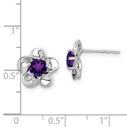 Sterling Silver Rhodium-Plated Floral Amethyst Post Earrings